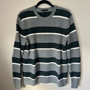 Banana Republic Gray, White, and Dark Green Striped Crewneck Sweater